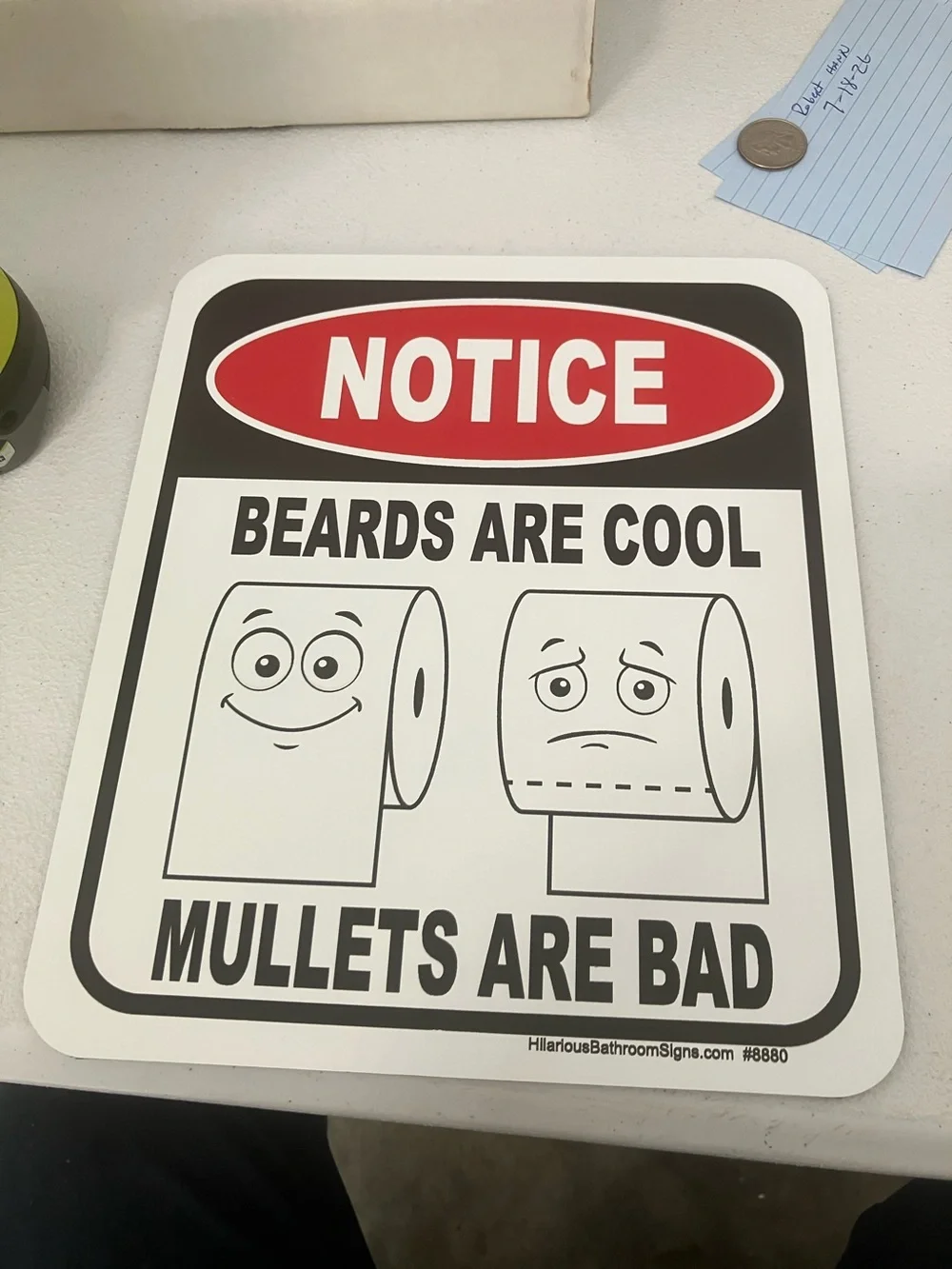 Notice 'Beards Are Cool Mullets Are Bad' White and Red Wall Sign